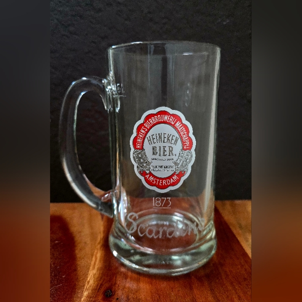 Heineken Bier Amsterdam 1873 Scardino Clear Glass Beer Mug 6.25 Inches Tall 0.5L